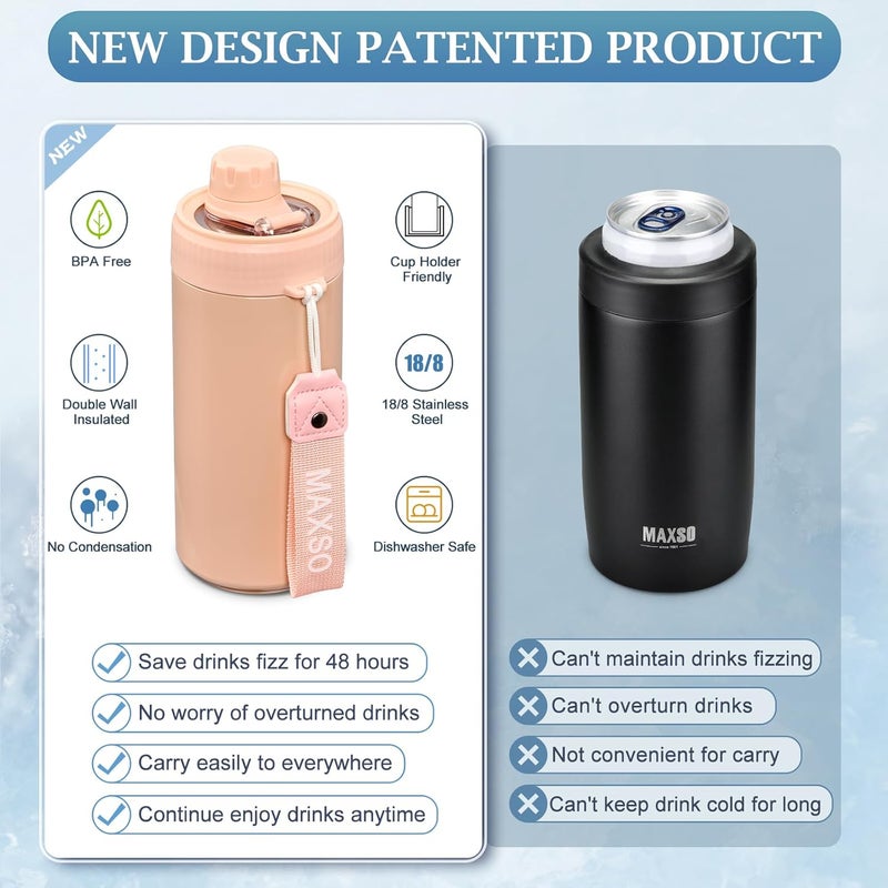 Max&So Sealed Can Cooler Fizz Lid Can Cover for 12 oz Regular, Slim Skinny Cans & As Thermal Bottle, 4-in-1 Insulated Vacuum Stainless Steel Carbonated Cold Drink Holder - Salmon - Image 3
